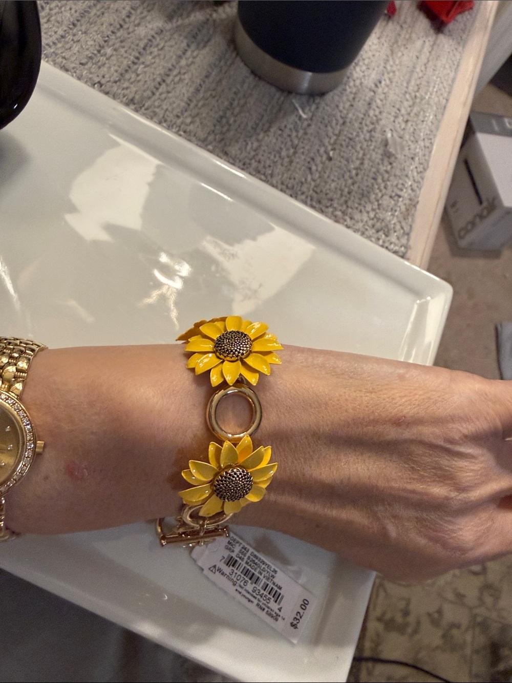 Yellow Sunflower Gold-Tone Link Bracelet - Women Jewelry